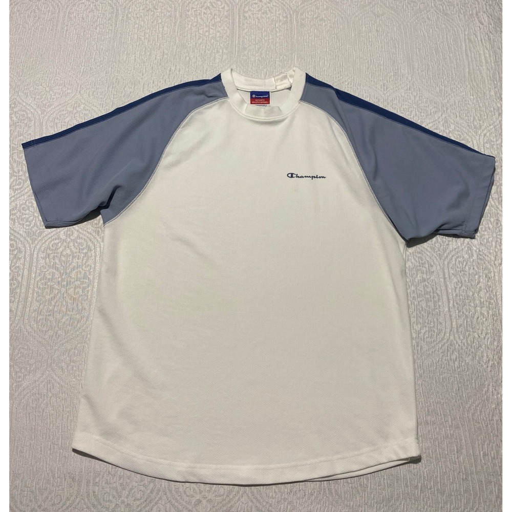 Champion Mens Raglan‎ Short Sleeve T-Shirt White Blue Colorblock Mesh Size M